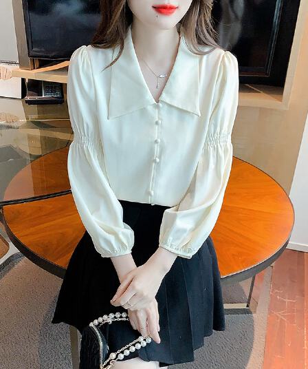 프랑스식 레트로 V넥 거품 소매 여성 셔츠 2026 봄 가을 새로운 디자인 센스 긴팔 셔츠 Chic 맨위
