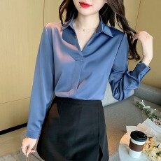 批发2026春秋简约大方蓝色缎面<b class='q'>衬衫女</b>装显瘦长袖洋气质方领雪纺衫上衣