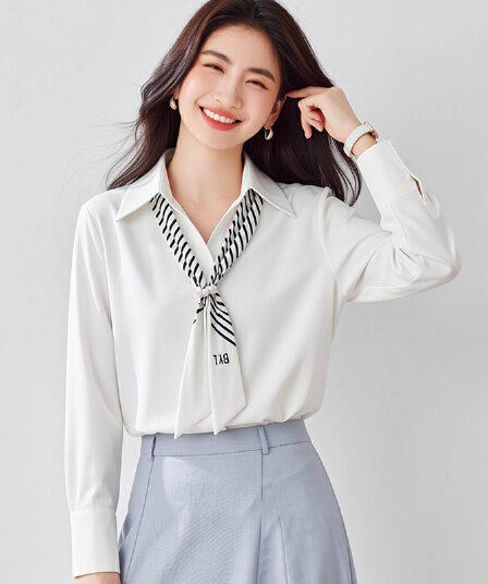 실사 2026 새로운 품격 폴로 칼라 스카프 장식 탈착식 긴팔 쉬폰 화이트 여성 셔츠 봄 얇은 스타일 맨위