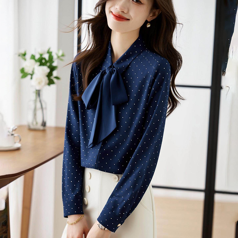 나비 매듭 셔츠 여성 긴 소매 가을 디자인 센스 작은 대중 도트 무늬 프린트 쉬폰 톱 패션 비즈니스웨어 셔츠