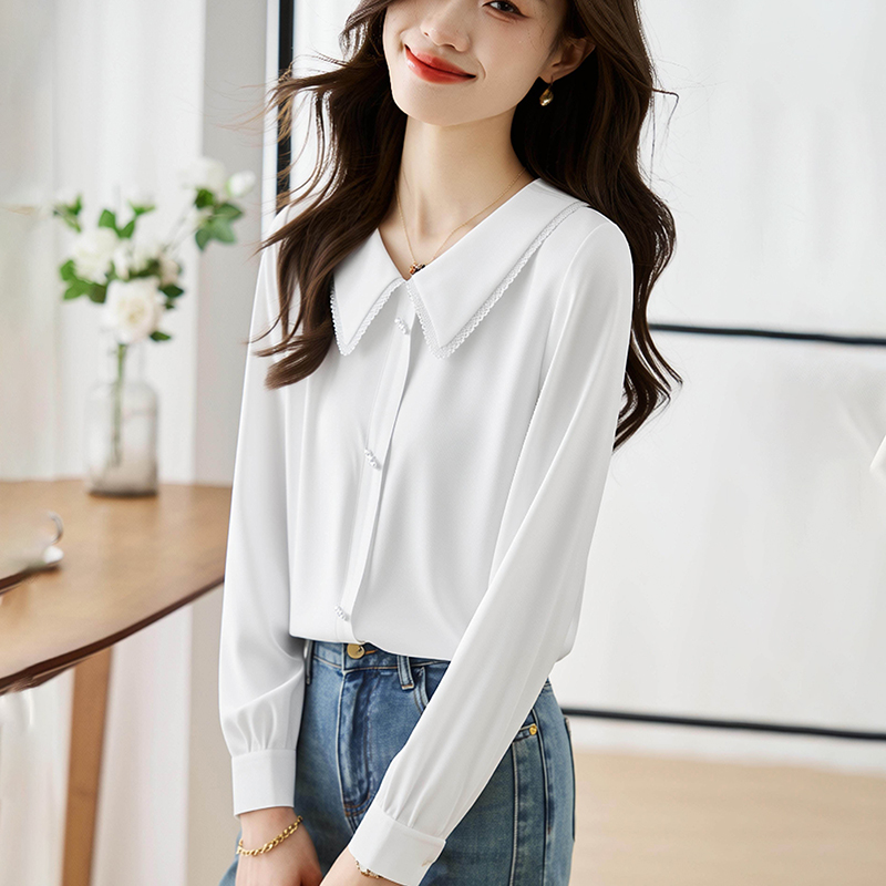 2026 봄 새로운 여성 셔츠 패션 외국 가스 베이비 칼라 프랑스식 비즈 박기 레이스 셔츠 긴팔 쉬폰 블라우스 맨위