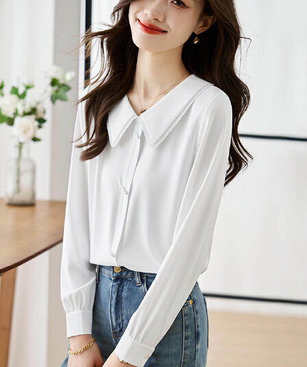 2026 가을 새로운 여성 셔츠 패션 외국 가스 베이비 칼라 프랑스식 비즈 박기 레이스 셔츠 긴팔 쉬폰 블라우스 맨위
