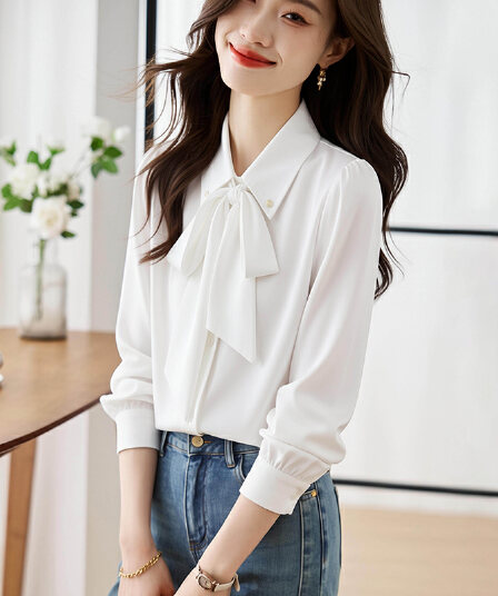 실사 나비 매듭 쉬폰 셔츠 여성 긴 소매 2026 년 봄 새로운 품격 리본 셔츠