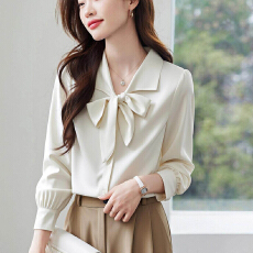 批发2026长袖衬衫女新款西装领飘带蝴蝶结雪纺衬衣设计感小众打底上衣