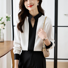 批发洋气雪纺衫女2026春秋新款v领撞色设计感小众<b class='q'>OL</b>通勤<b class='q'>衬衫</b>上衣