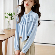 批发法式蓝色飘带衬衫女秋装职业通勤设计感高级立领长袖上衣教资面试