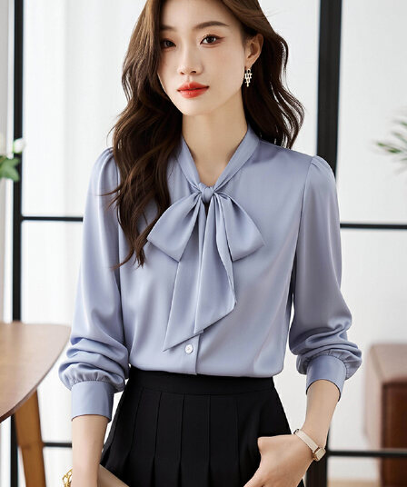 2026 봄 가을 새로운 고급 센스 품격 리본 나비 매듭 셔츠 여성 긴 소매 경력 교 자본금 착용 가져 가라. 흰 셔츠