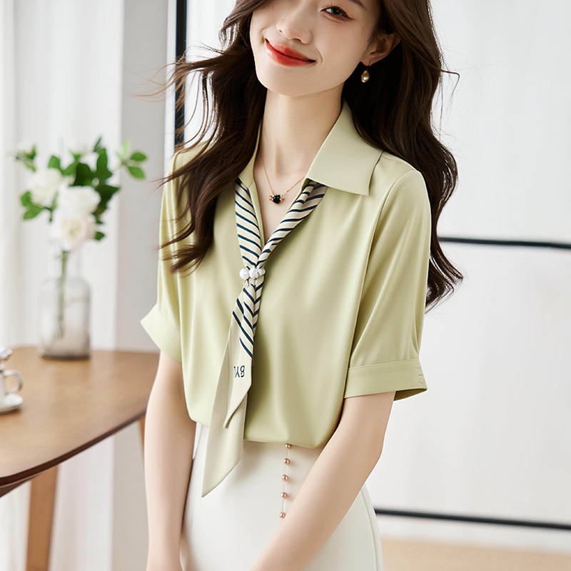MY17678# 法式飘带短袖衬衫厅里厅气衣服新款缎面职业通勤上衣女裝貨源服裝批發