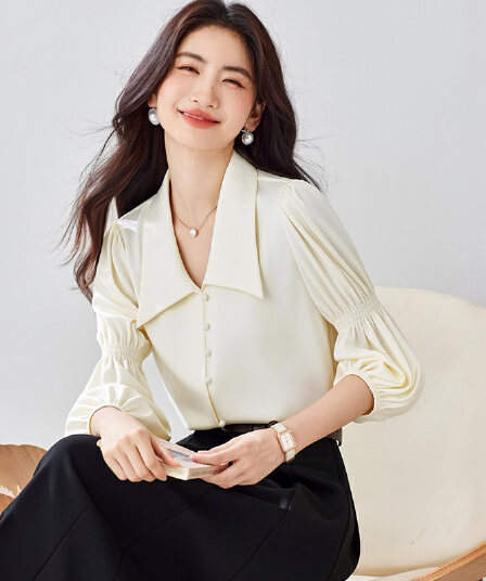 프랑스식 레트로 V넥 거품 소매 여성 셔츠 2026 봄 가을 새로운 디자인 센스 긴팔 셔츠 Chic 맨위
