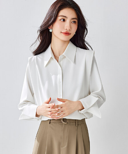 실사 봄 프랑스식 화이트 여성 셔츠 디자인 센스 작은 대중 고급 저항 주름 긴팔 품격 Chic 맨위 새틴