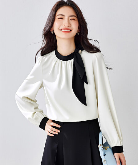 프랑스식 부드러운 네클라인 나비 매듭 셔츠 여성 의류 2026 봄 가을 새로운 패치워크 색상 리본 디자인 센스 새틴 맨위