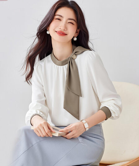 프랑스식 부드러운 네클라인 나비 매듭 셔츠 여성 의류 2026 봄 가을 새로운 패치워크 색상 리본 디자인 센스 새틴 맨위