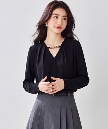 2026 봄 가을 새로운 빛 요리 한 바람 프랑스식 V넥 체인 여성 셔츠 디자인 센스 허리 수축 외국 가스 긴팔 셔츠