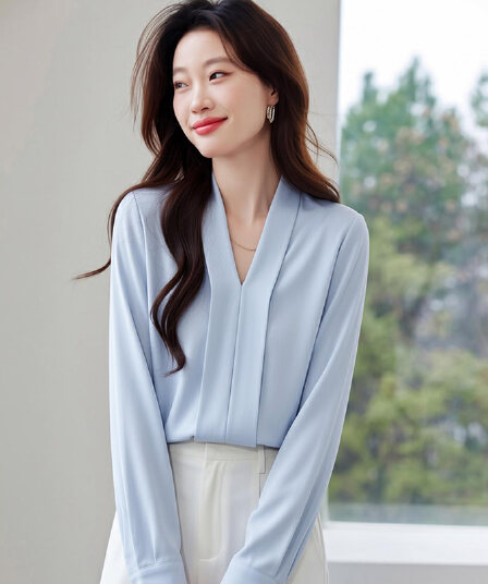 2026 봄 가을 외국 가스 화이트 V넥 새틴 셔츠 여성 긴 소매 루즈핏 슬림해 보이는 다용도 경력 품격 여성 셔츠