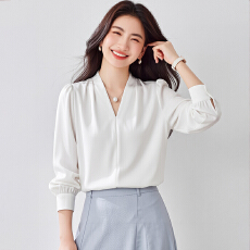 批发实拍3色 高级感简约衬衫女春季气质V领轻熟风通勤缎面雪纺衫上衣