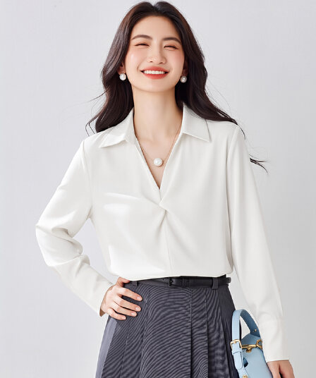 5 색 프랑스식 디자인 센스 품격 새틴 여성 셔츠 26 가을 새로운 출퇴근 슬림해 보이는 진주 목걸이 경력 맨위
