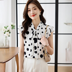 批发实拍白色衬衫女时尚洋气法国小众圆点荷叶袖雪纺衫小衫<b class='q'>打底衫</b>显瘦