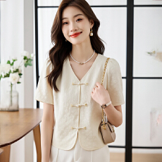 批发新中式盘扣雪纺衬衫女高级感复古国风V领上衣2026夏季新款衬衫