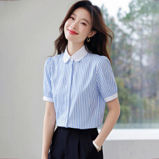 批发蓝色短袖竖条纹<b class='q'>衬衫</b>女夏季 泡泡袖 高级感时尚<b class='q'>OL</b>法式气质优雅复古