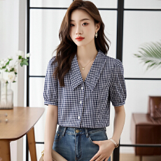 漂亮格子衬衫女夏2026年新款洋气减龄遮肚子娃娃领衬衣女上衣别致