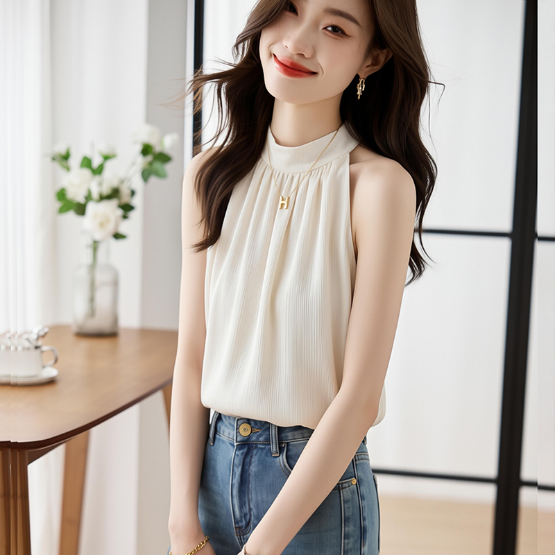 RY4482# 实拍 高品质 法式白色雪纺衬衫女别致心机挂脖露肩设计感小众...