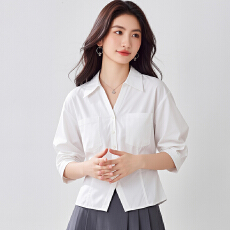 批发2026实拍白色衬衫女夏季翻领泡泡袖薄款收腰上衣