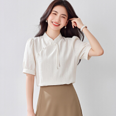 批发2026夏季新中式盘扣改良旗袍提花衬衫短袖小衫新款别致国风上衣