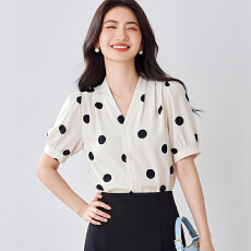 批发法式复古波点V领<b class='q'>衬衫</b>短袖女2026夏季新款玫瑰花系带缎面通勤上衣