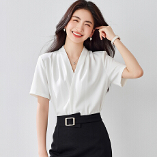 雪纺短袖白衬衫女夏季薄款2026西装内搭面试职业正装V领衬衣上衣