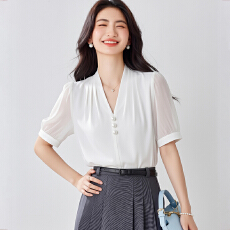 批发泡泡袖樱花粉缎面<b class='q'>衬衫</b>女2026夏季新款<b class='q'>职业</b>通勤法式气质v领上衣