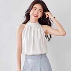 批发实拍 高品质法式白色雪纺衬衫女别致心机挂脖露肩设计感小众上衣