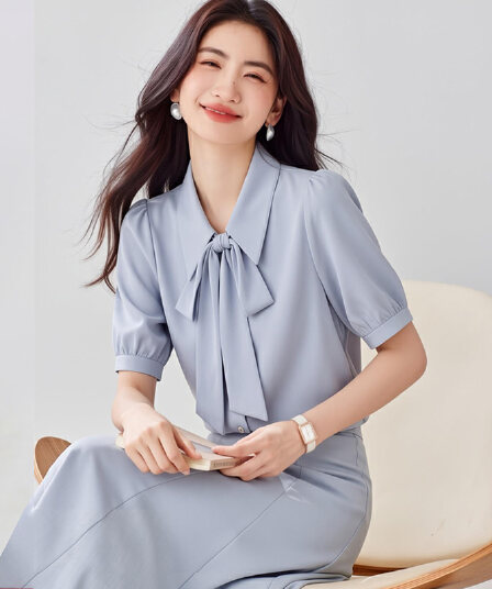 화이트 리본 쉬폰 반팔 여성 셔츠 여름 얇은 스타일 한 부서 부드러운 달콤함 외국 가스 도루 센스 작은 대중 항구 바람 셔츠