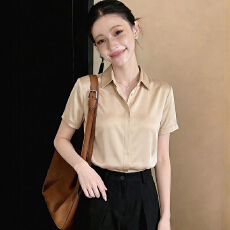 批发2026年夏季新款缎面短袖衬衫女设计感小众轻熟<b class='q'>职业</b>衬衣雪纺女上衣