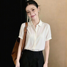 批发2026年夏季新款缎面短袖衬衫女设计感小众轻熟<b class='q'>职业</b>衬衣雪纺女上衣