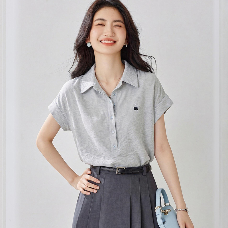 학원 일기 학원 스타일 알파벳 자수 반팔 여성 셔츠 여름 POLO 칼라 긍정적 인 어깨 의류