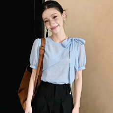 批发实拍蝴蝶结短袖<b class='q'>雪纺</b><b class='q'>衬衫</b>女26夏季新款显瘦百搭上衣时尚洋气小衫女