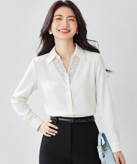 화이트 레이스 레이스 V넥 긴팔 여성 셔츠 2026 봄 가을 새로운 부드러운 슈퍼 잘 생긴 슬림해 보이는 맨위