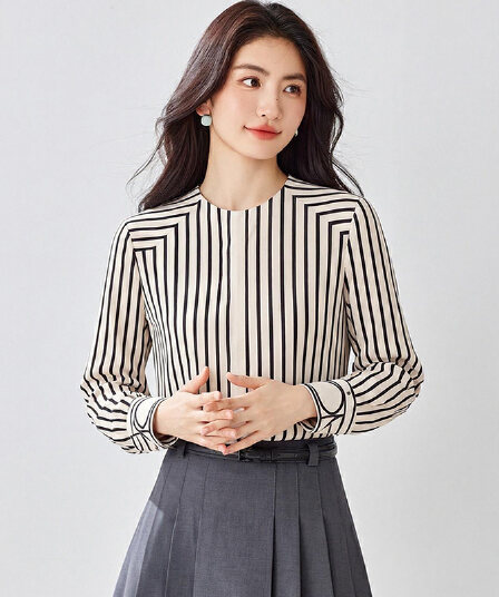프랑스식 고급 흑백 줄무늬 품격 라운드 넥 여성 셔츠 디자인 센스 2026 봄 가을 새로운 맨위