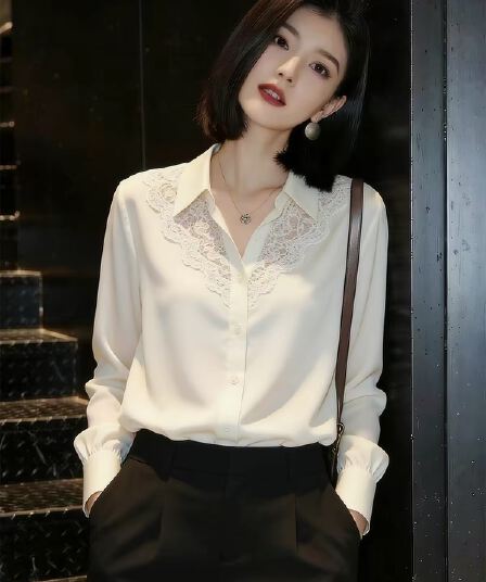 출퇴근 바람 화이트 레이스 폴로 칼라 긴팔 여성 셔츠 2026 년 가을 새로운 패션 디자인 센스 다용도 맨위