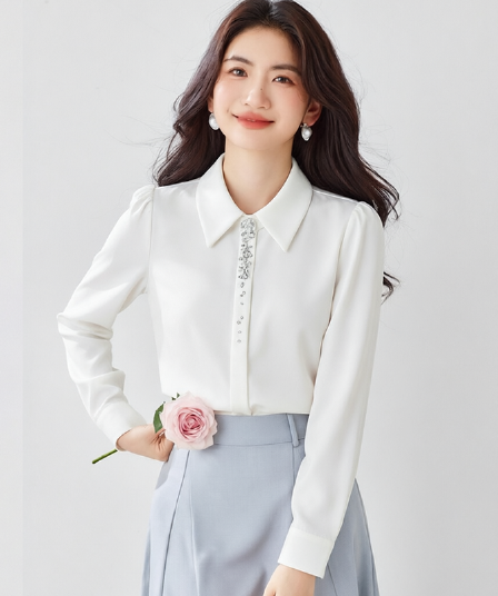 실사 2026 가을 새로운 클래식 포인터 칼라 중간 소매 셔츠 품격 직장 빛 요리 한 새틴 화이트 여성 셔츠