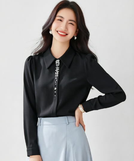 실사 2026 가을 새로운 클래식 포인터 칼라 중간 소매 셔츠 품격 직장 빛 요리 한 새틴 화이트 여성 셔츠