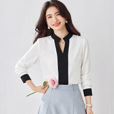 批发洋气雪纺衫女2026春秋新款v领撞色设计感小众<b class='q'>OL</b>通勤<b class='q'>衬衫</b>上衣
