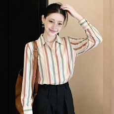 批发实拍 条纹衬衫上衣女<b class='q'>长袖</b>2026春秋设计感小众复古缎面衬衣女显瘦