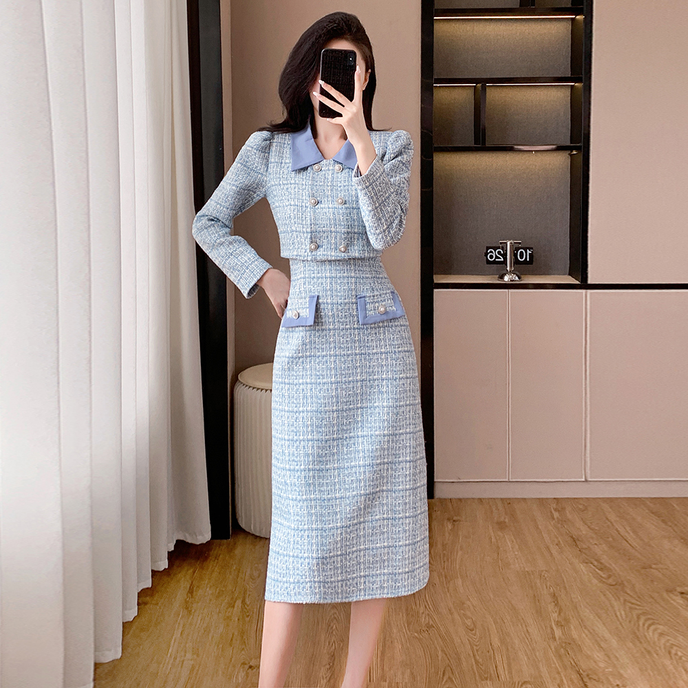 BY32307# 秋冬新款拼接优雅小香风短外套连衣裙两件套 服裝批發女裝批發服飾貨源