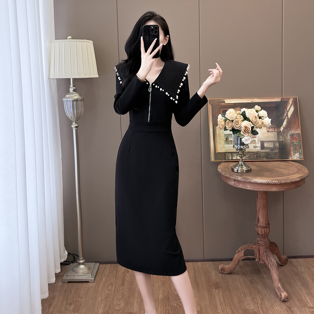 MY70366# 大码时尚翻领钉珠重工气质显瘦赫本风连衣裙女裝貨源服裝批發