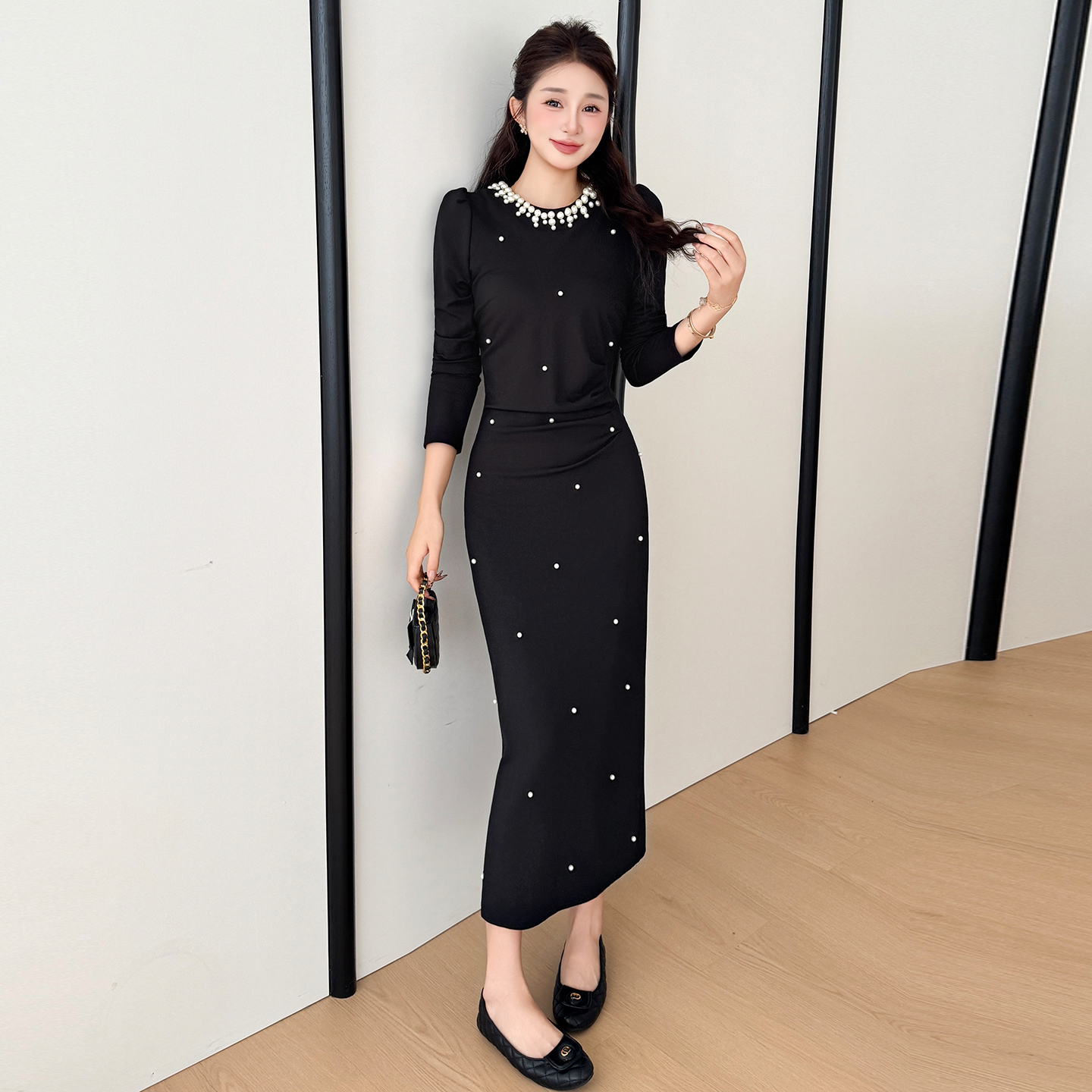 MY13826# 女裝貨源大码钉珠修身褶皱显瘦优雅长款重工气质连衣裙女裝貨源服裝批發服裝批發