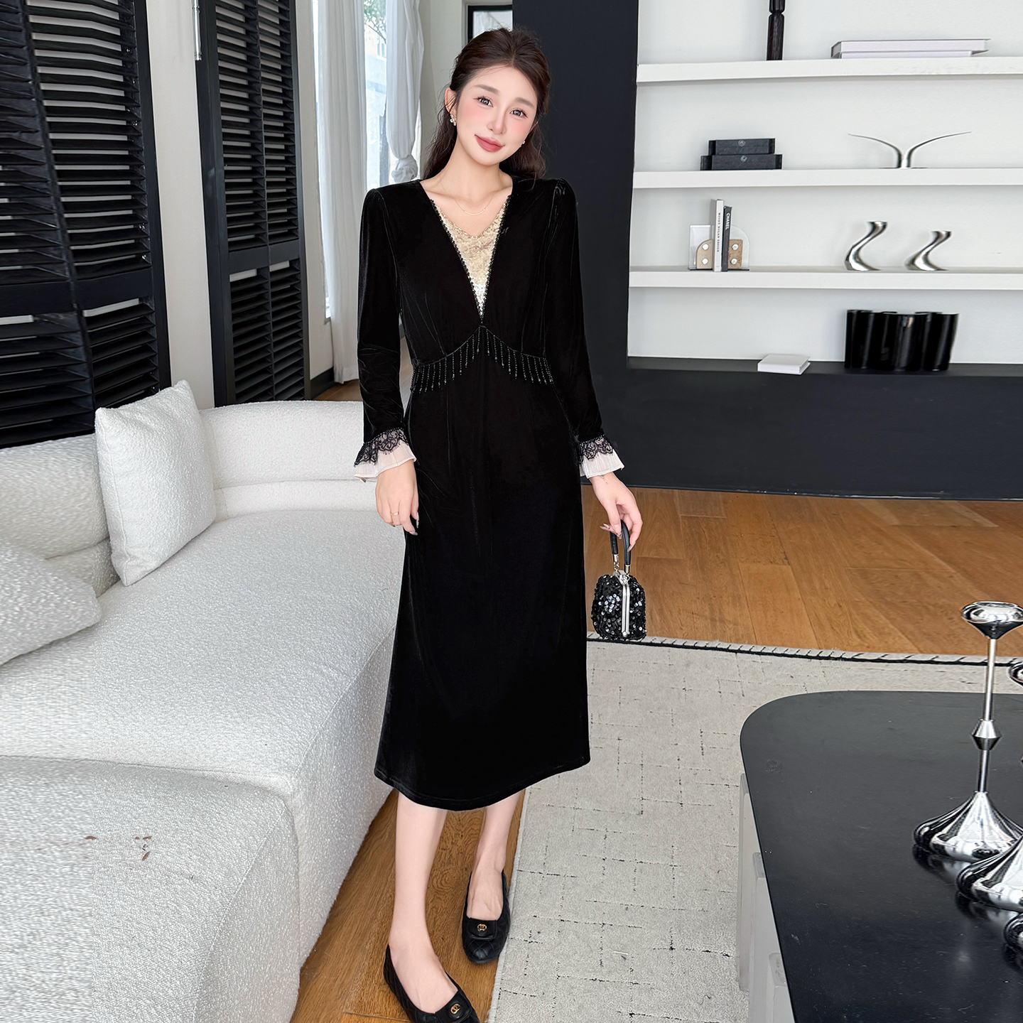 MY15080# 亮片拼接名媛风钉珠流苏大码气质遮肉丝绒连衣裙女裝貨源服裝...