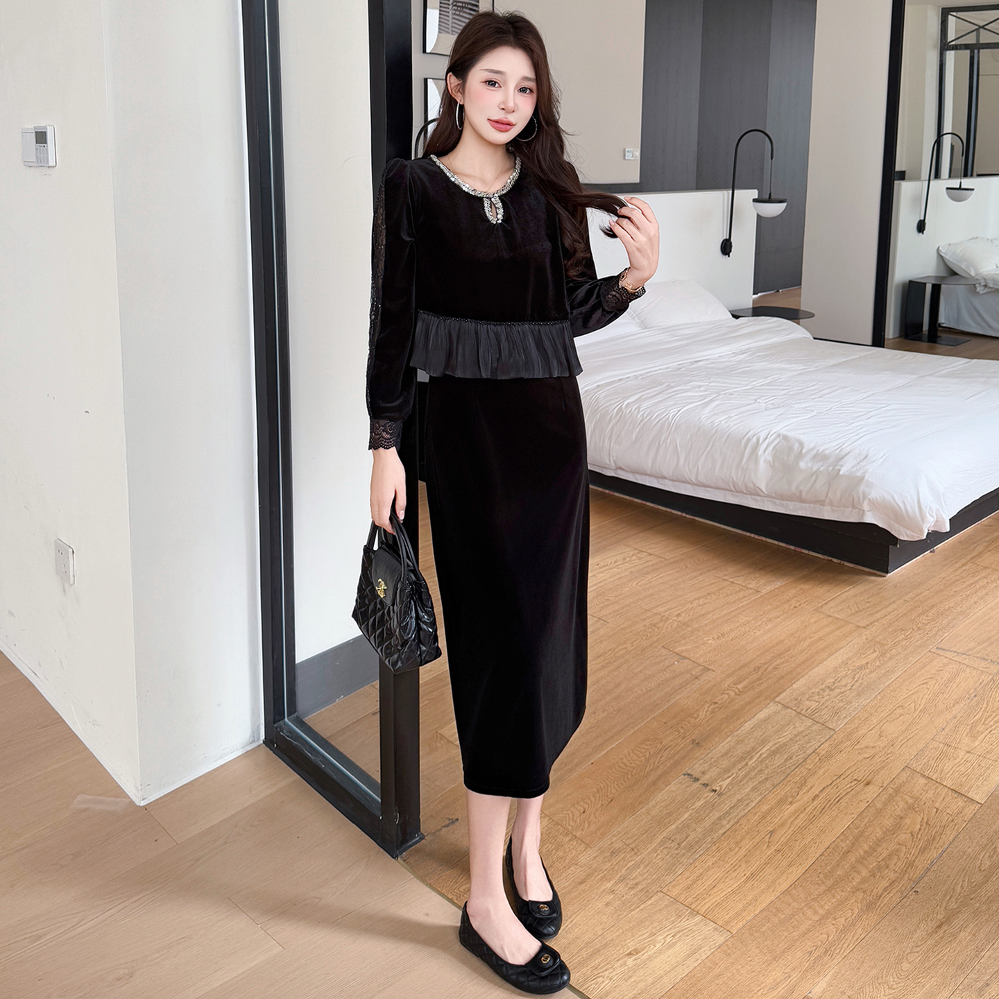 MY15079# 蕾丝拼接优雅遮肉假两件丝绒气质大码连衣裙女裝貨源服裝批發