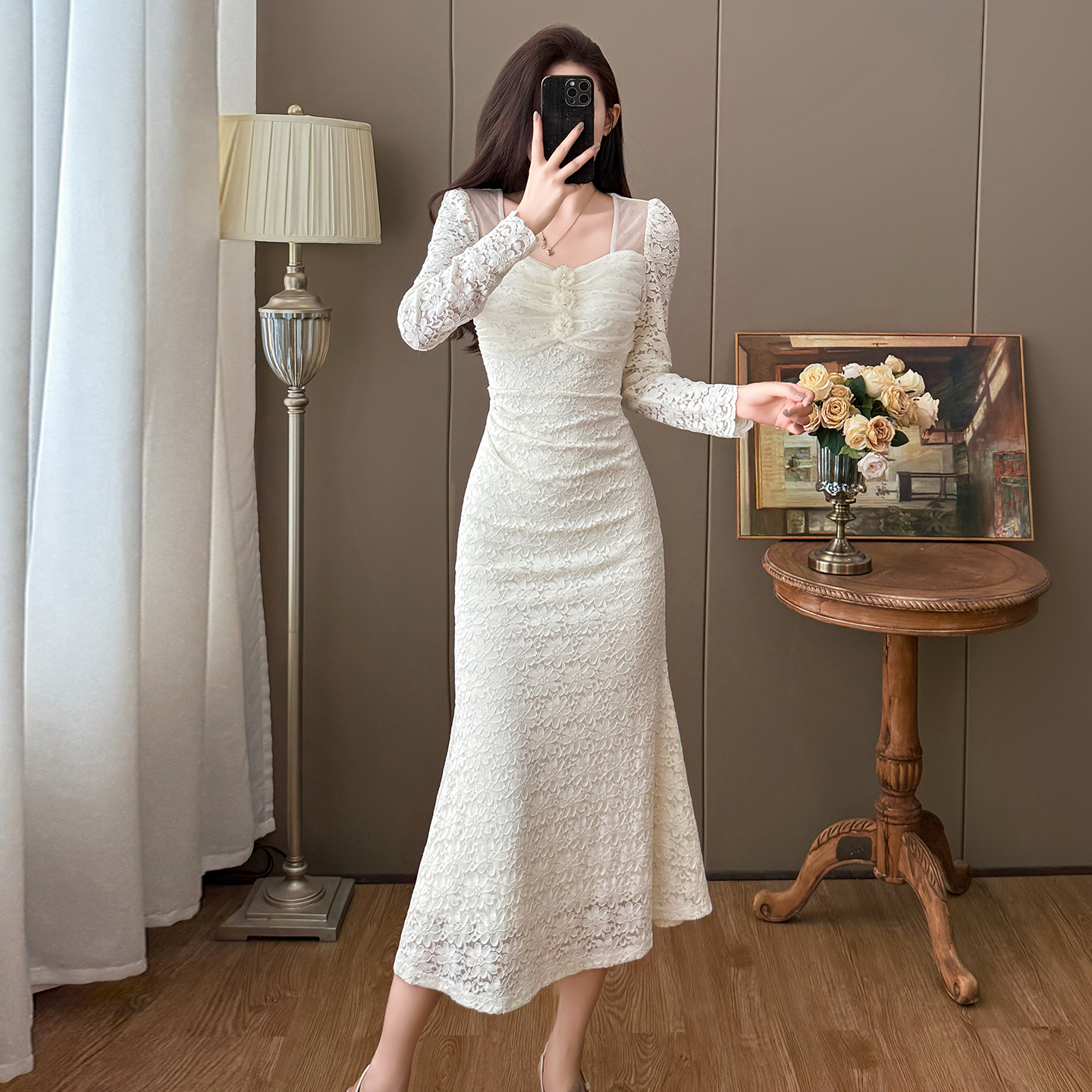 MY15078# 优雅蕾丝网纱拼接法式气质温柔风鱼尾连衣裙女裝貨源服裝批發