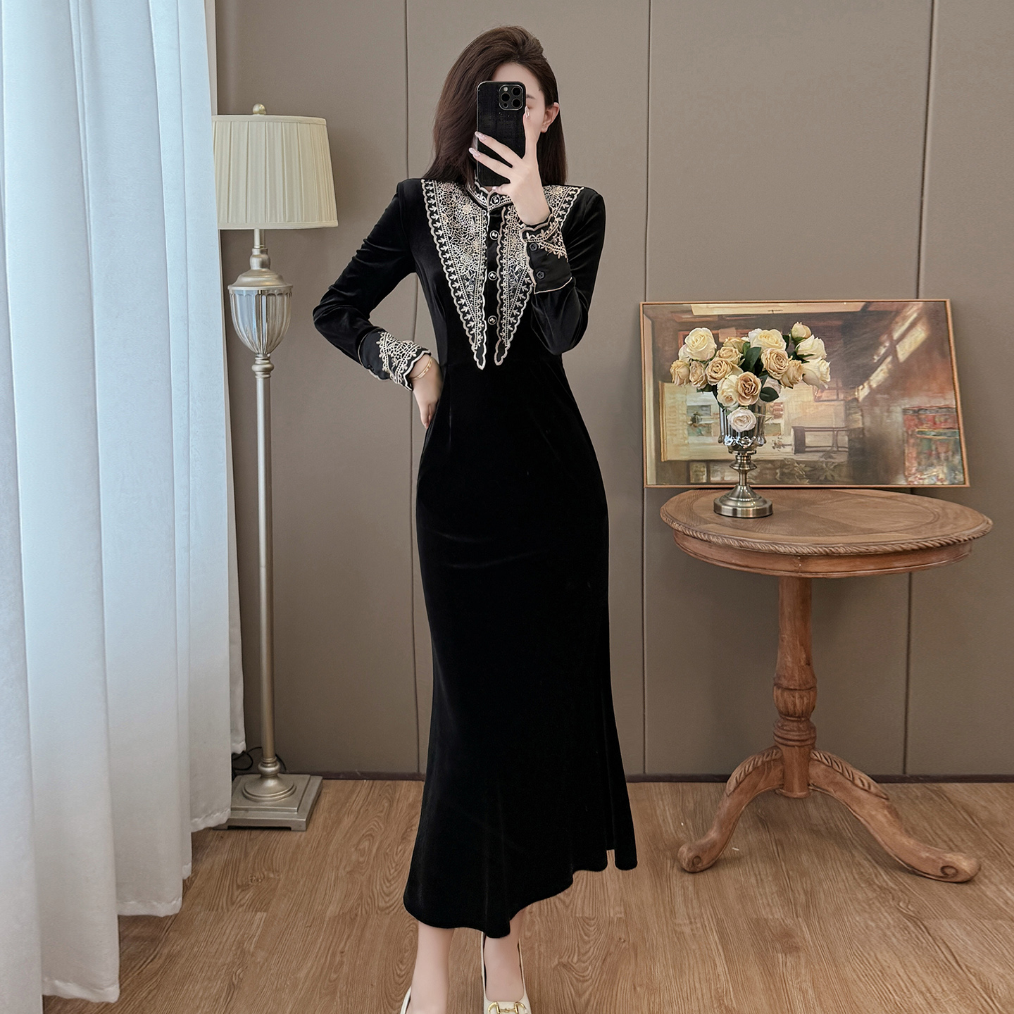 MY15072# 设计感红色复古丝绒鱼尾小众气质御姐风新中式连衣裙女裝貨源...